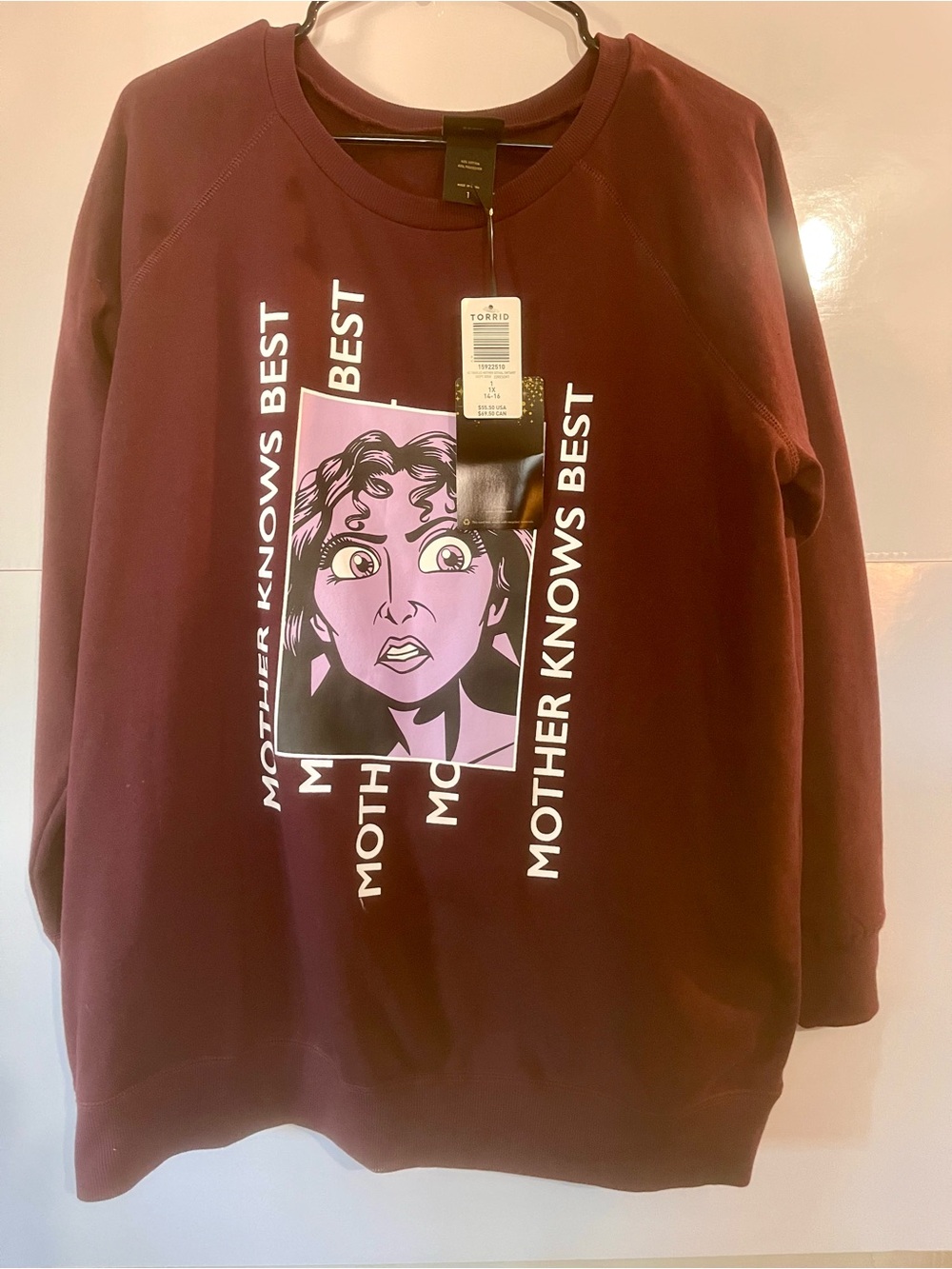 torrid burgundy crewneck sweater with pink graphic panel